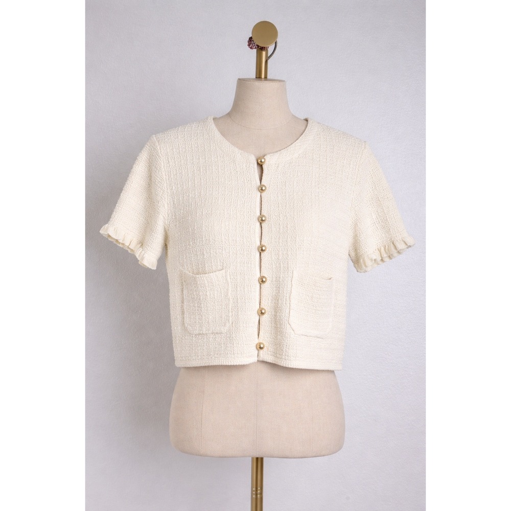 Zara Short Sleeve Textured Knit Jacket Cream Gold Button Ruffle XL 4192/041/712